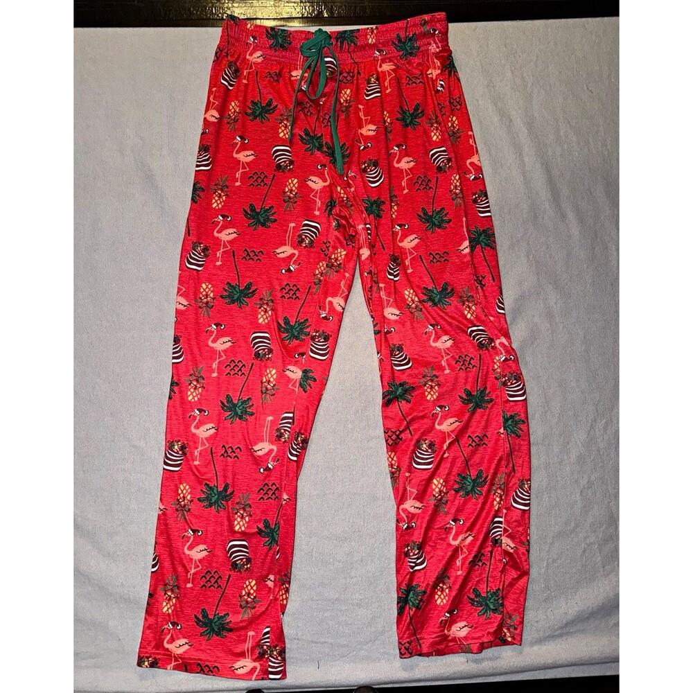 Womens Red Tropical Flamingo & Palm Graphic Print Pajama Pants Drawstring M